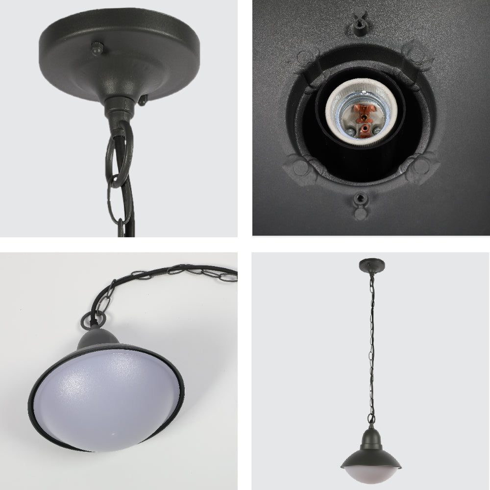 Lámpara colgante exterior en gris oscuro, perfecta para patios modernos con un estilo contemporáneo y elegante.