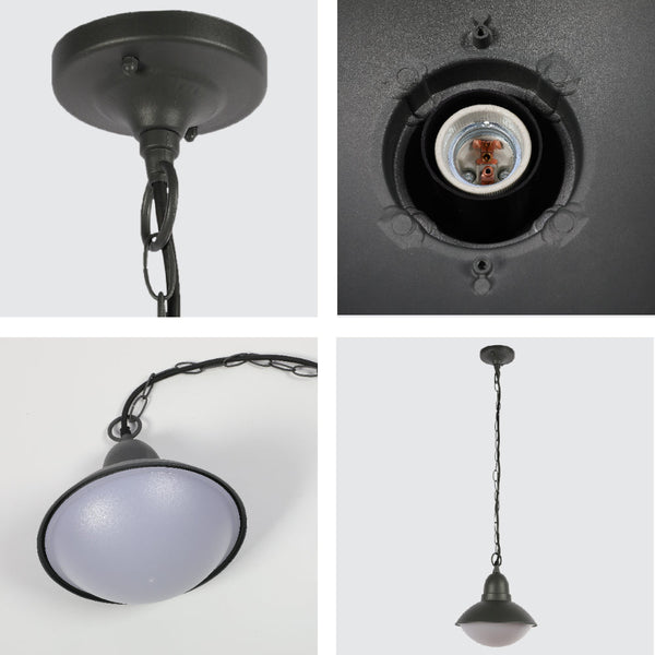 Lámpara colgante exterior en gris oscuro, perfecta para patios modernos con un estilo contemporáneo y elegante.