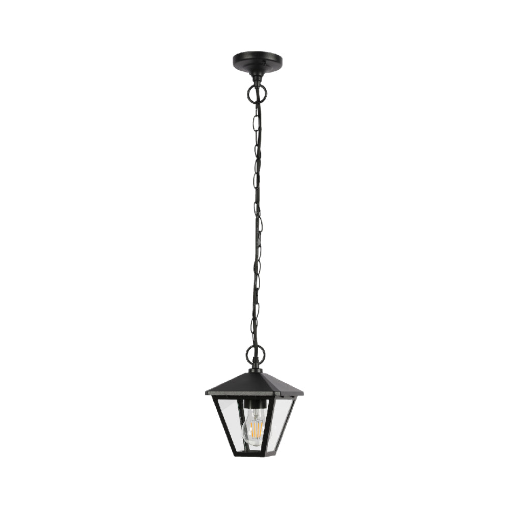 Lámpara colgante exterior negra con diseño moderno, perfecta para patios y terrazas con decoración contemporánea.