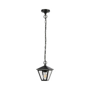 Lámpara colgante exterior negra con diseño moderno, perfecta para patios y terrazas con decoración contemporánea.