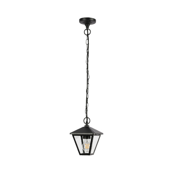 Lámpara colgante exterior negra con diseño moderno, perfecta para patios y terrazas con decoración contemporánea.