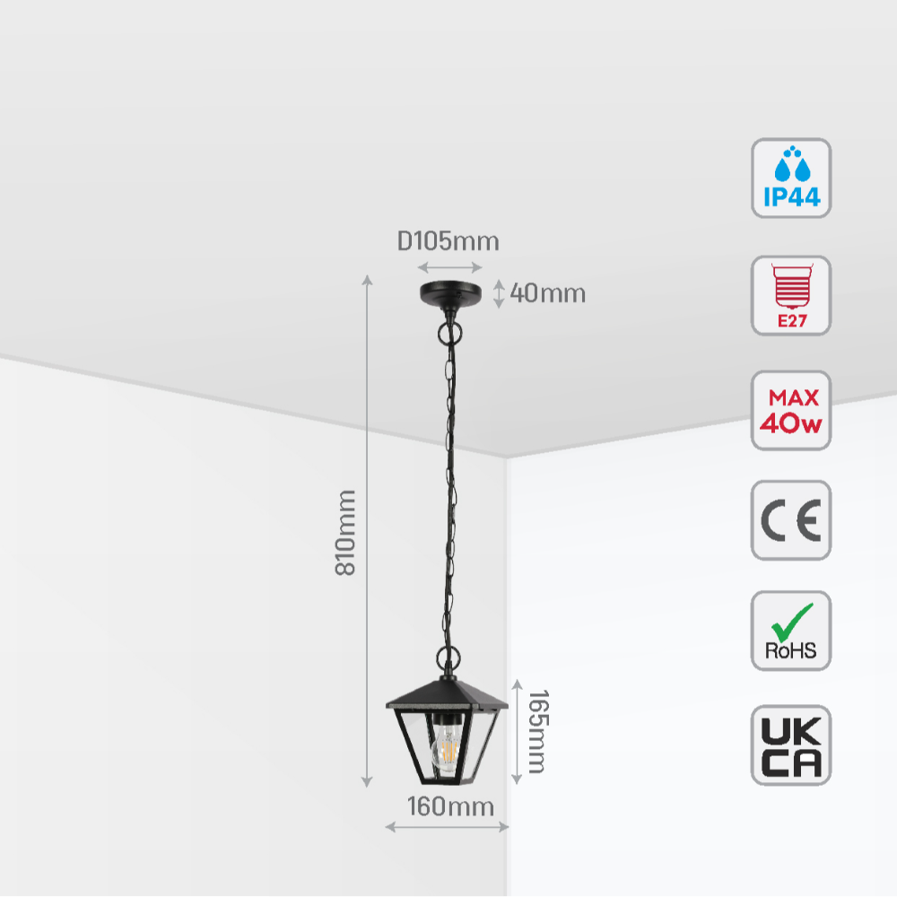 Lámpara colgante para exteriores en estilo moderno, ideal para patios o terrazas; diseño elegante en negro con portalámparas E27.
