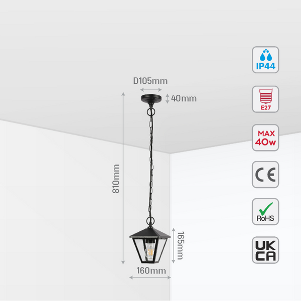 Lámpara colgante para exteriores en estilo moderno, ideal para patios o terrazas; diseño elegante en negro con portalámparas E27.