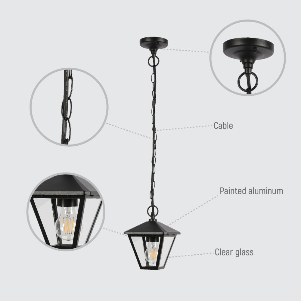 Imagen principal de una lámpara colgante exterior negra, ideal para patios y jardines con estilo moderno.