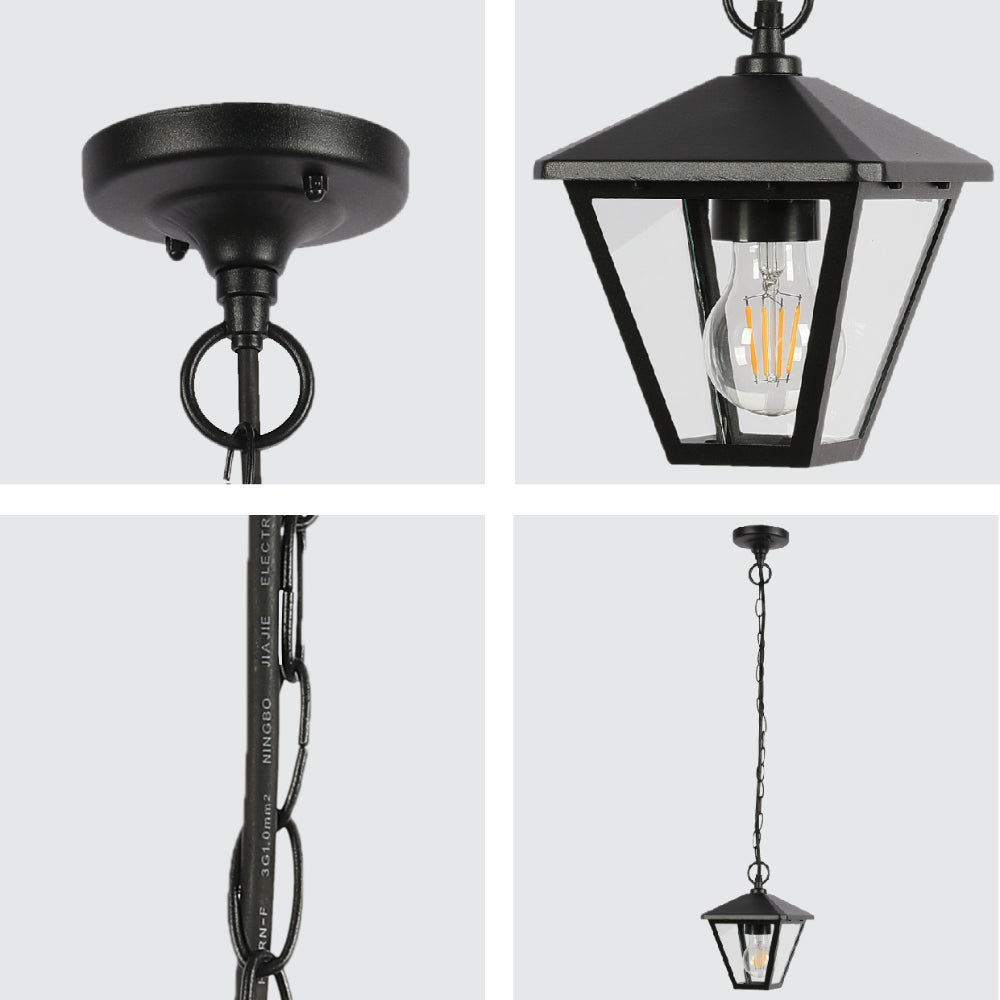 Lámpara colgante exterior de diseño moderno, ideal para iluminar patios o terrazas con estilo contemporáneo.