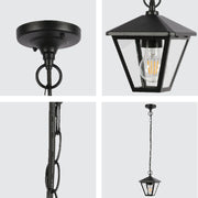 Lámpara colgante exterior de diseño moderno, ideal para iluminar patios o terrazas con estilo contemporáneo.