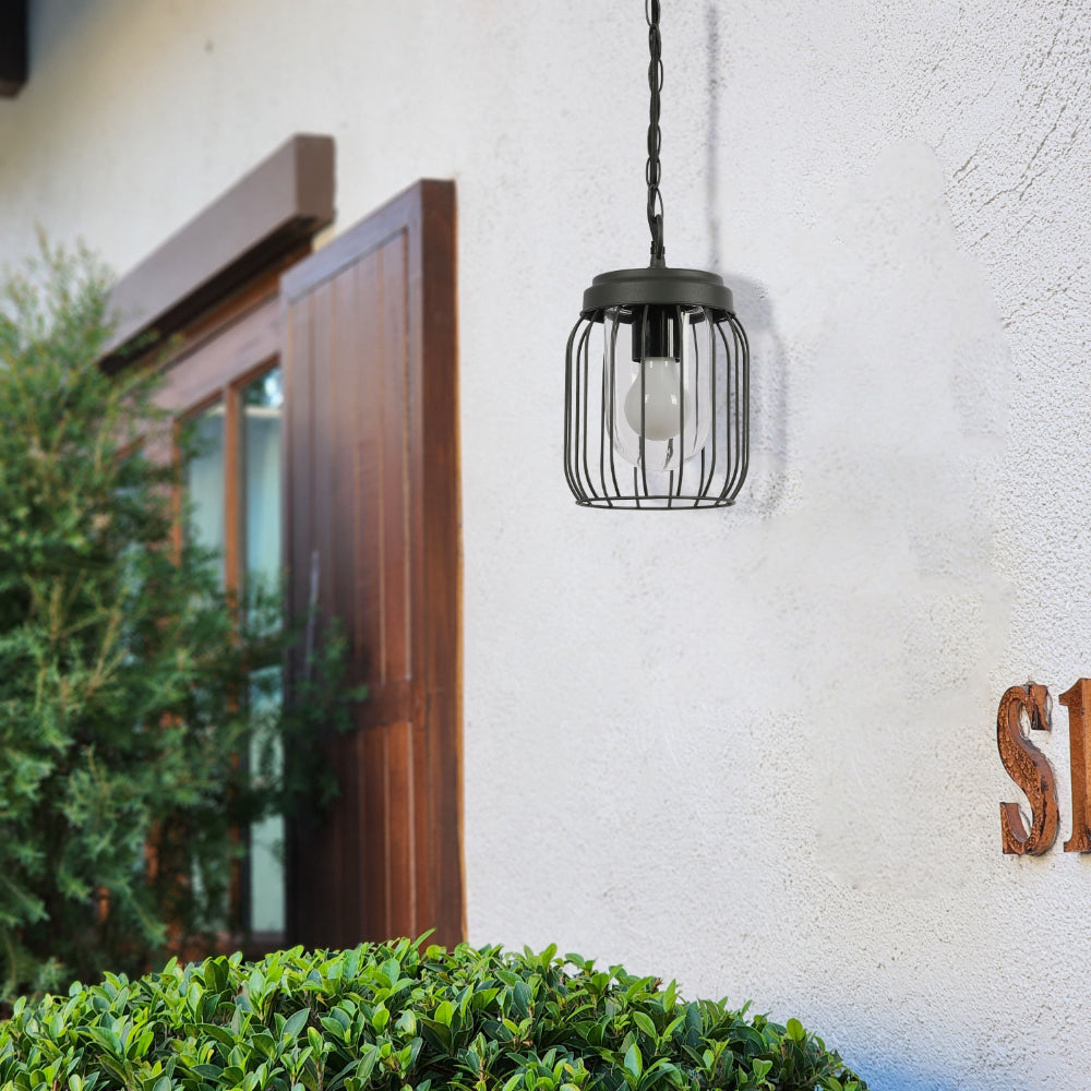 Lámpara colgante exterior de acero oscuro, perfecta para terrazas con decoración moderna. Ideal para iluminar espacios al aire libre.