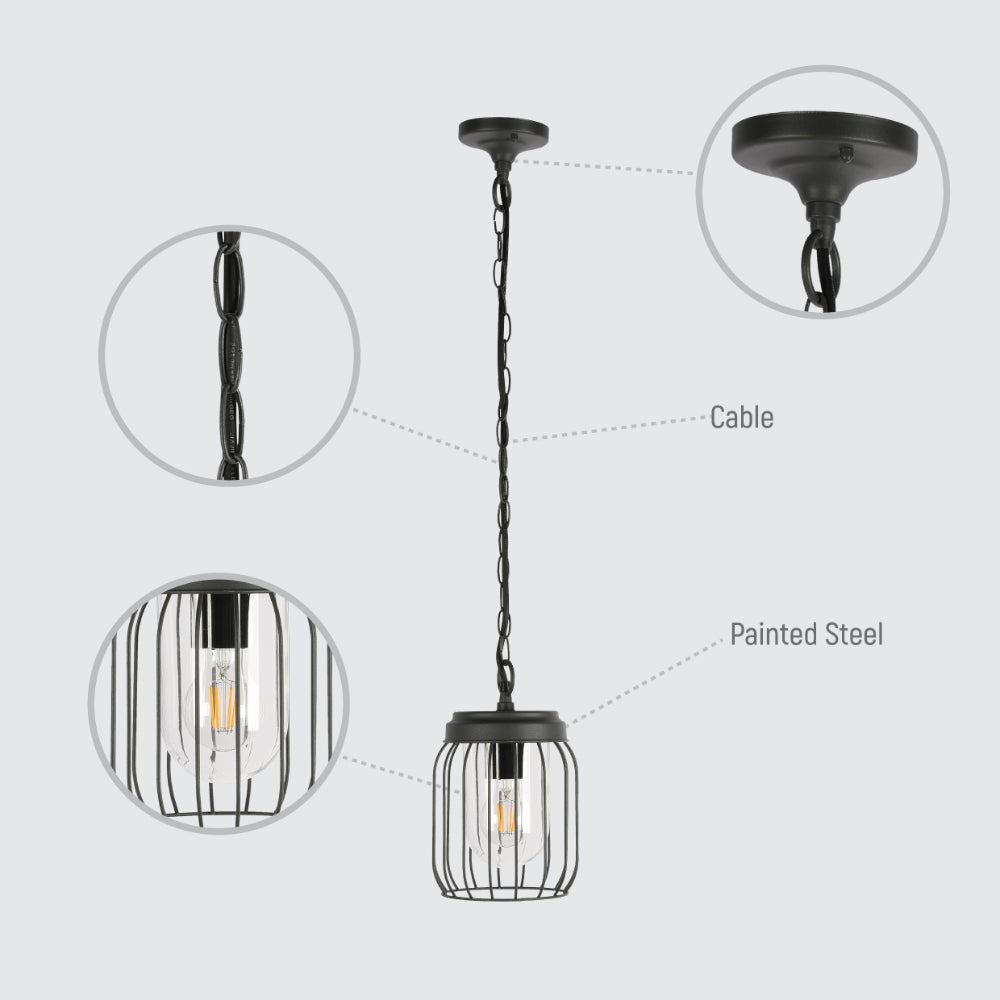 Lámpara colgante exterior de metal gris oscuro, perfecta para patios en estilo moderno. Ideal para iluminación funcional y decorativa.