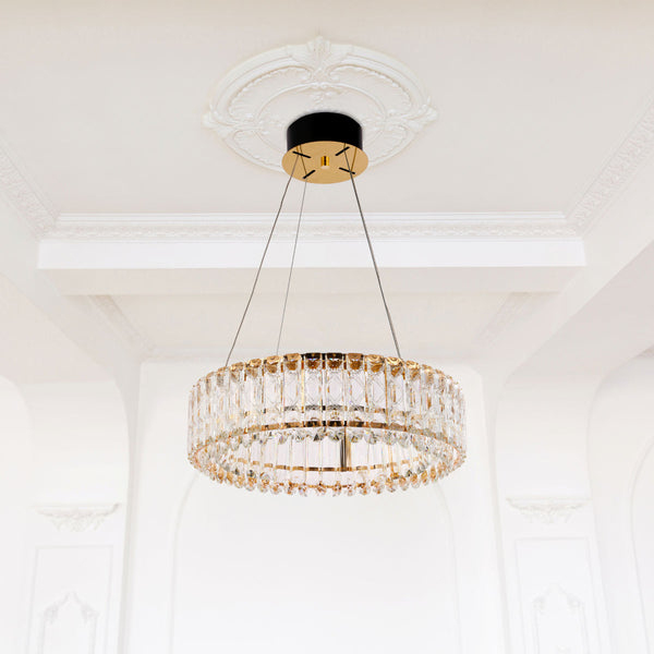 Lámpara colgante de cristal dorado con control remoto, ideal para salones de estilo elegante y contemporáneo.
