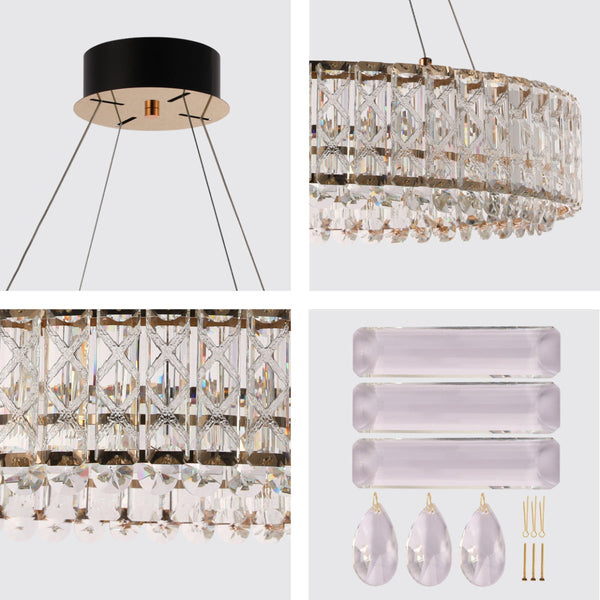Detalle de un elegante chandelier de cristal dorado con control remoto, ideal para salones y decoraciones modernas.
