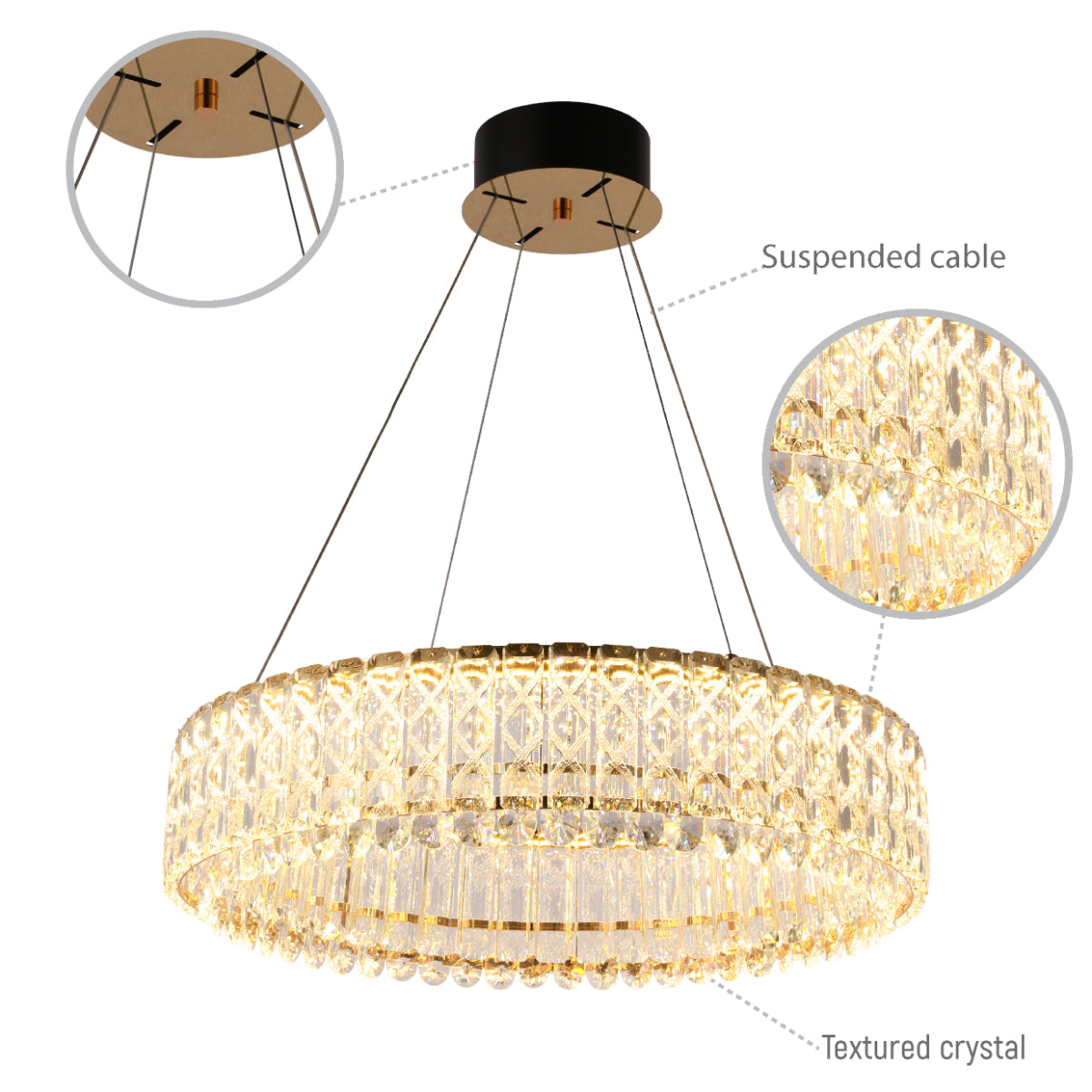 Lámpara de araña de cristal dorada con control remoto, ideal para salones elegantes y modernos.