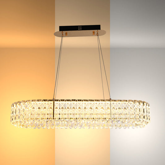 Lámpara de cristal en forma de candelabro dorado, ideal para salas de estar con decoración moderna y elegante. Control remoto incluido.