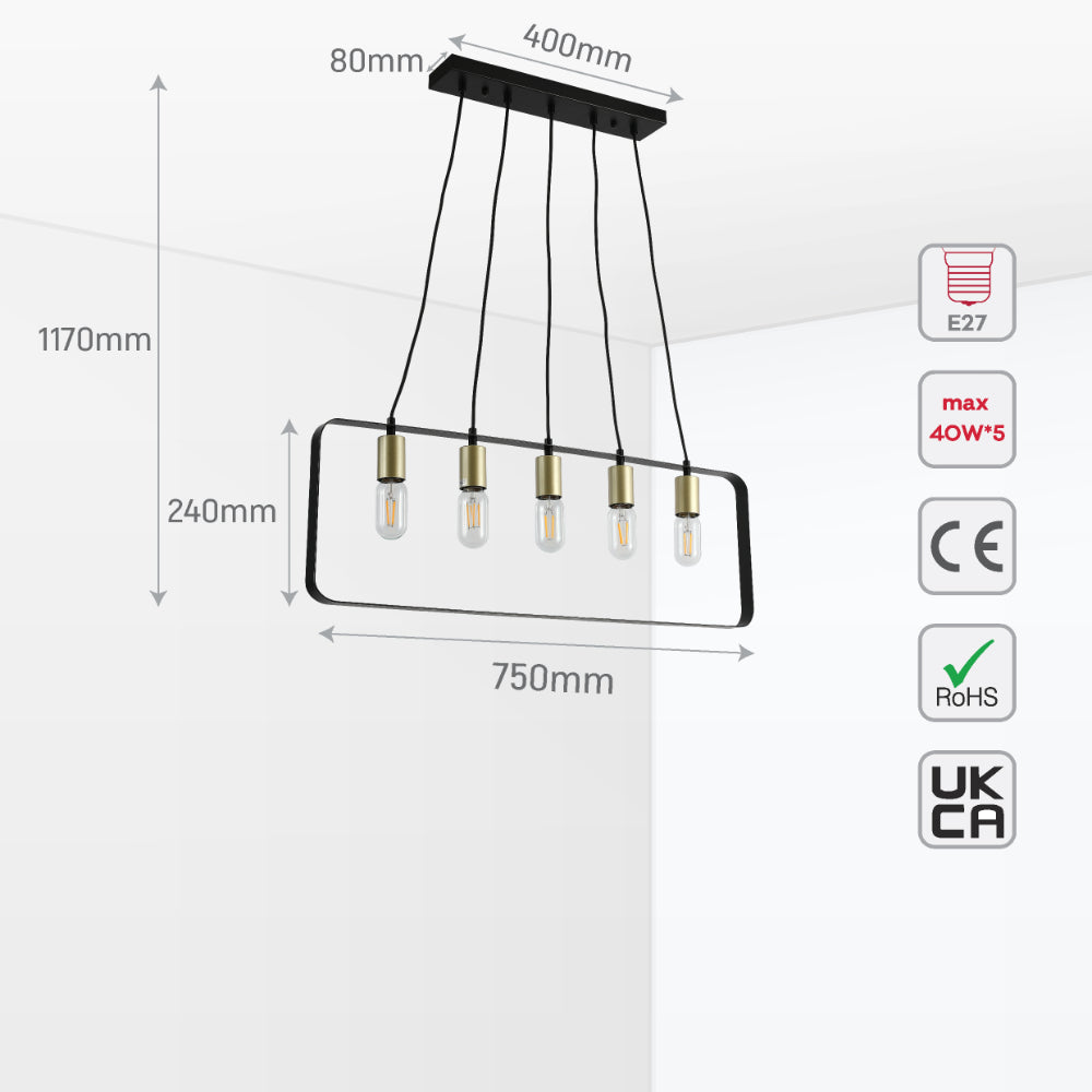 Lámpara de isla minimalista moderna de 5 luces en negro y dorado, ideal para cocinas elegantes y espacios contemporáneos.