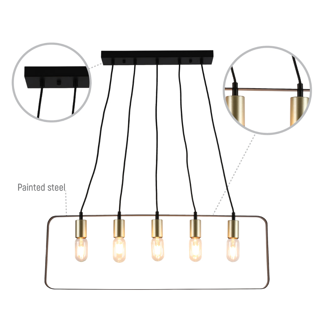 Luz de isla moderna y minimalista con diseño negro y dorado, perfecta para cocinas de estilo contemporáneo.