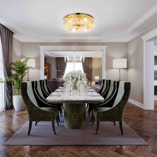 Imagen principal de una elegante lámpara de araña de cristal redonda, ideal para comedores con decoración contemporánea.