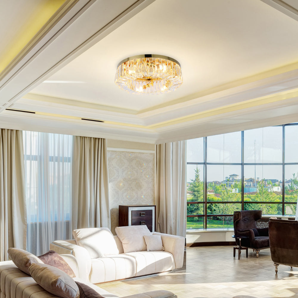 Lámpara de araña de cristal redonda, ideal para salones con estilo elegante y moderno, proporcionando una luz deslumbrante y sofisticada.