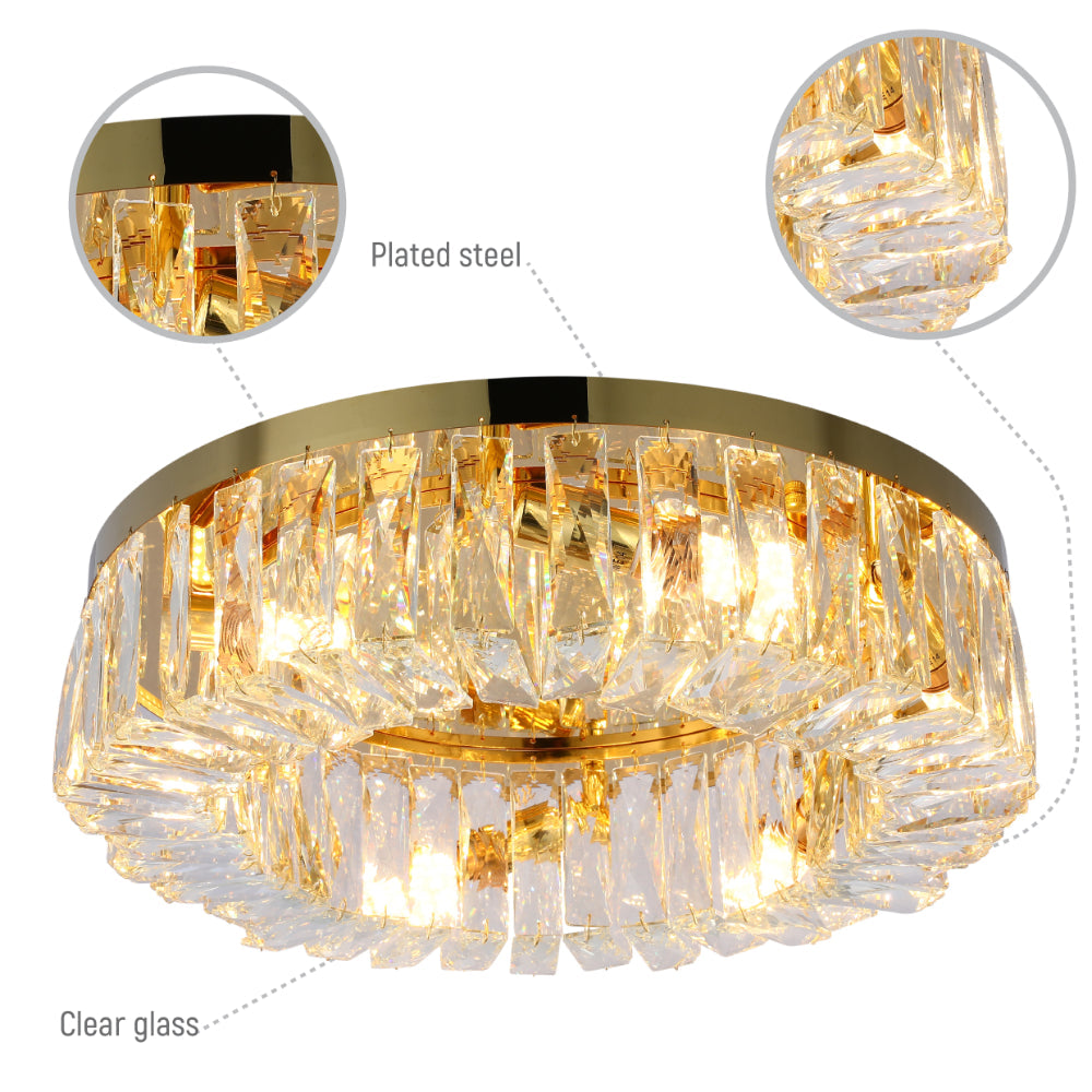 Luz de techo circular de cristal en un elegante salón, perfecta para decoraciones modernas y luminosas.