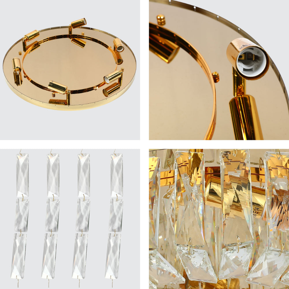 Lámpara de techo de cristal redonda en oro, perfecta para salas de estar con decoración elegante y contemporánea.