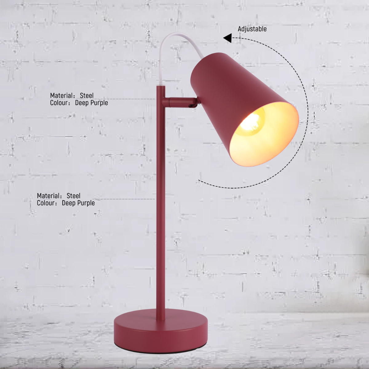 Primer plano de una lámpara de escritorio de diseño cónico y moderno, ideal para oficinas con decoración contemporánea y vibrante.