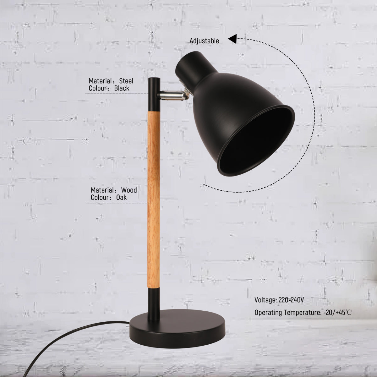 Lámpara de escritorio con base de madera, ideal para oficinas de estilo nórdico y decoración contemporánea.