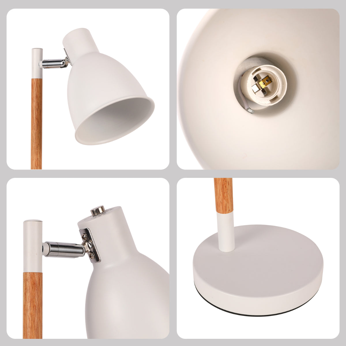 Lámpara de escritorio de diseño nórdico con base de madera, ideal para oficinas con estilo escandinavo contemporáneo.