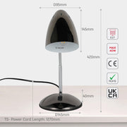 Lámpara de escritorio metálica con cuello flexible, perfecta para oficinas modernas y estudios. Ideal para iluminación funcional y estilizada.