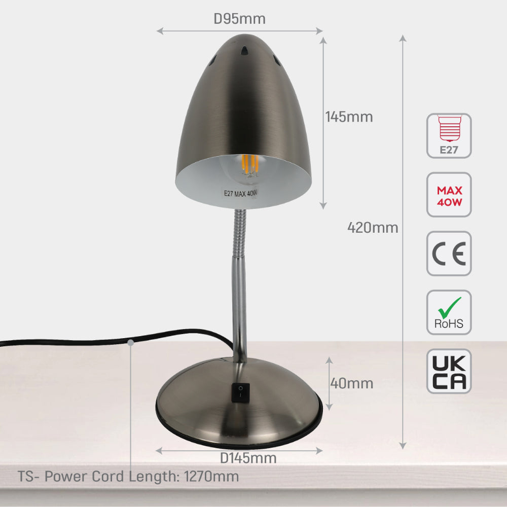 Lámpara de mesa con cuello flexible, ideal para oficinas modernas, combinando funcionalidad y estilo industrial.