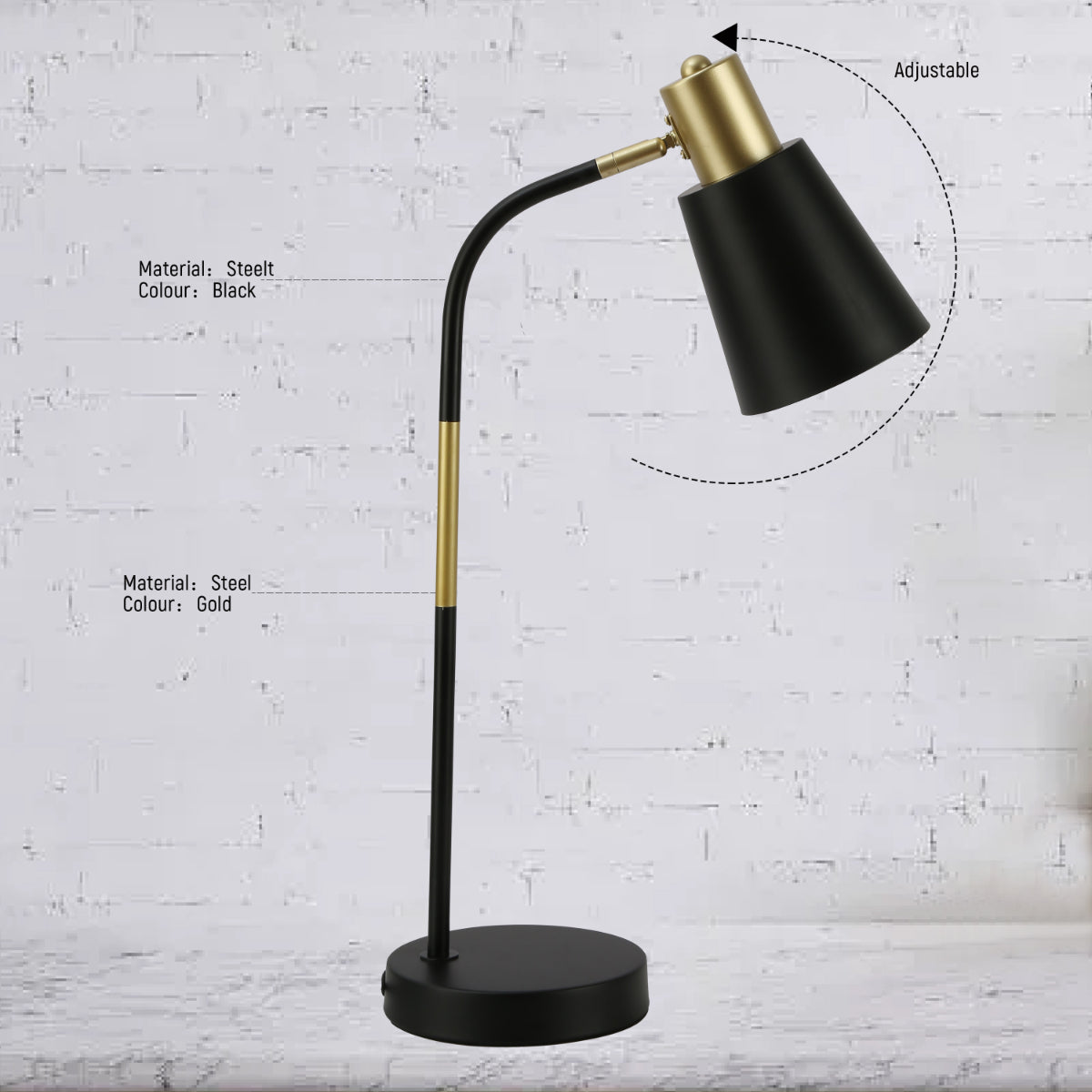 Close-up de la lámpara de escritorio curva E27, destaca su diseño elegante ideal para oficinas de estilo moderno.