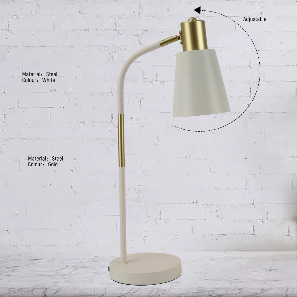 Primer plano de una lámpara de mesa con diseño curvado, ideal para oficinas modernas y decoraciones elegantes.