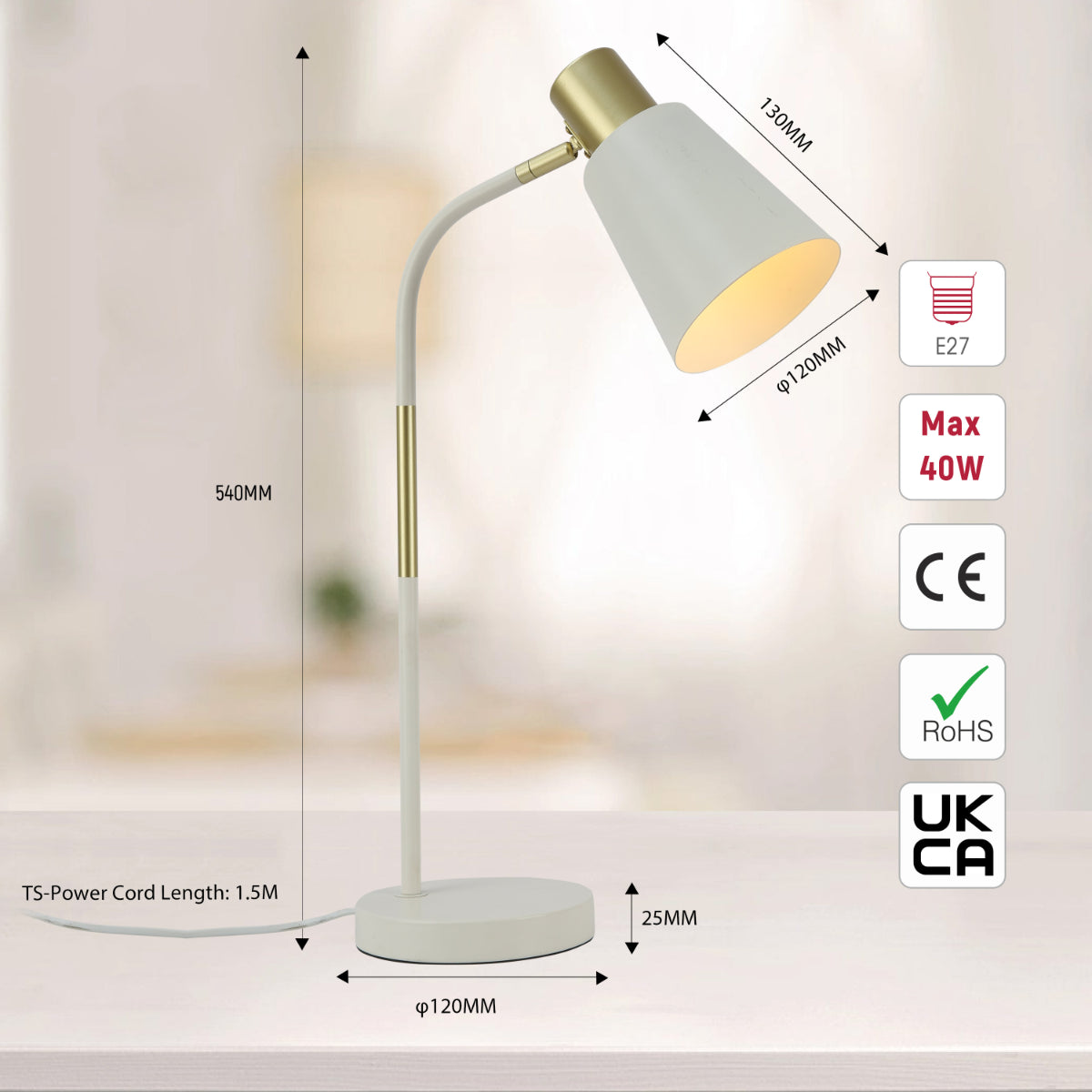 Lámpara de escritorio curva E27 de diseño elegante, ideal para oficinas modernas y espacios de trabajo contemporáneos.