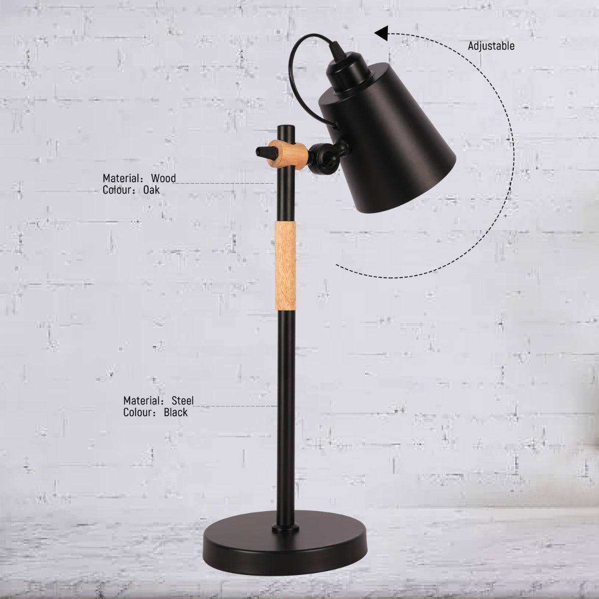 Dibujo técnico de lámpara de escritorio escandinava E27, mostrando dimensiones y detalles de instalación, ideal para oficinas modernas.