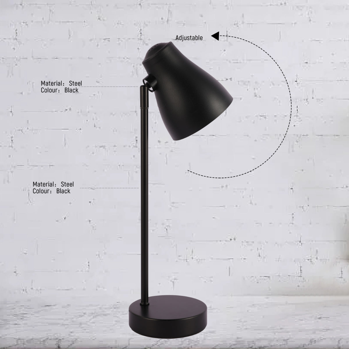 Dibujo técnico de lámpara de escritorio elegante y rotatable, ofreciendo dimensiones y especificaciones para su instalación.