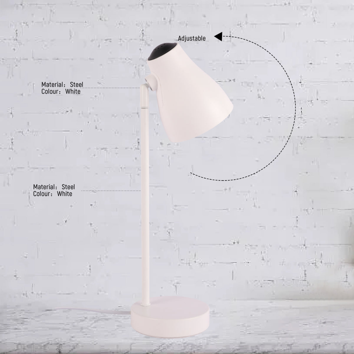 Primer plano de una lámpara de escritorio rotativa, perfecta para oficinas modernas con estilo minimalista.