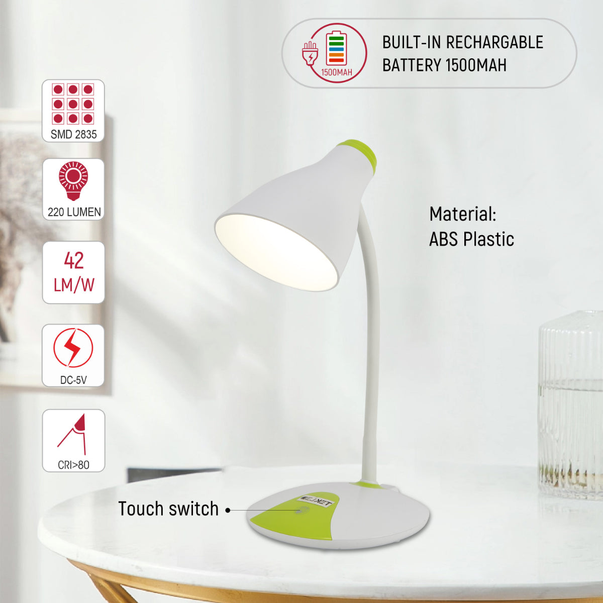 Lámpara de escritorio con cuello de ganso ajustable, ideal para oficinas modernas, ofreciendo diseño funcional y luz LED dual.