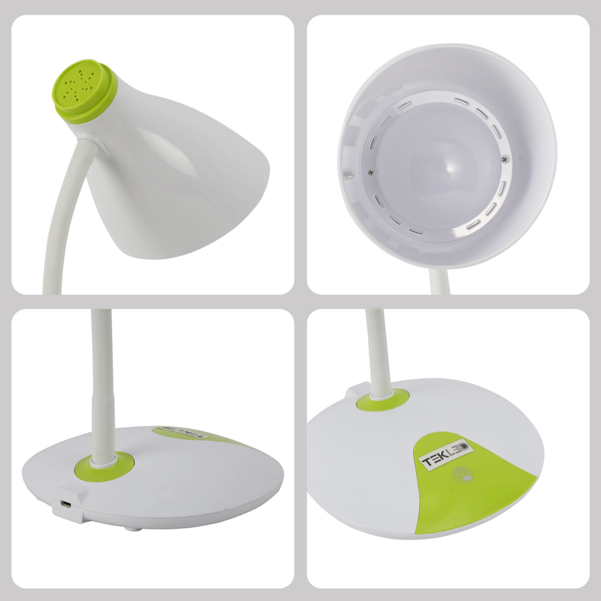 Lámpara de escritorio con cuello de ganso ajustable y diseño bicolor, perfecta para oficinas modernas y espacios de trabajo.
