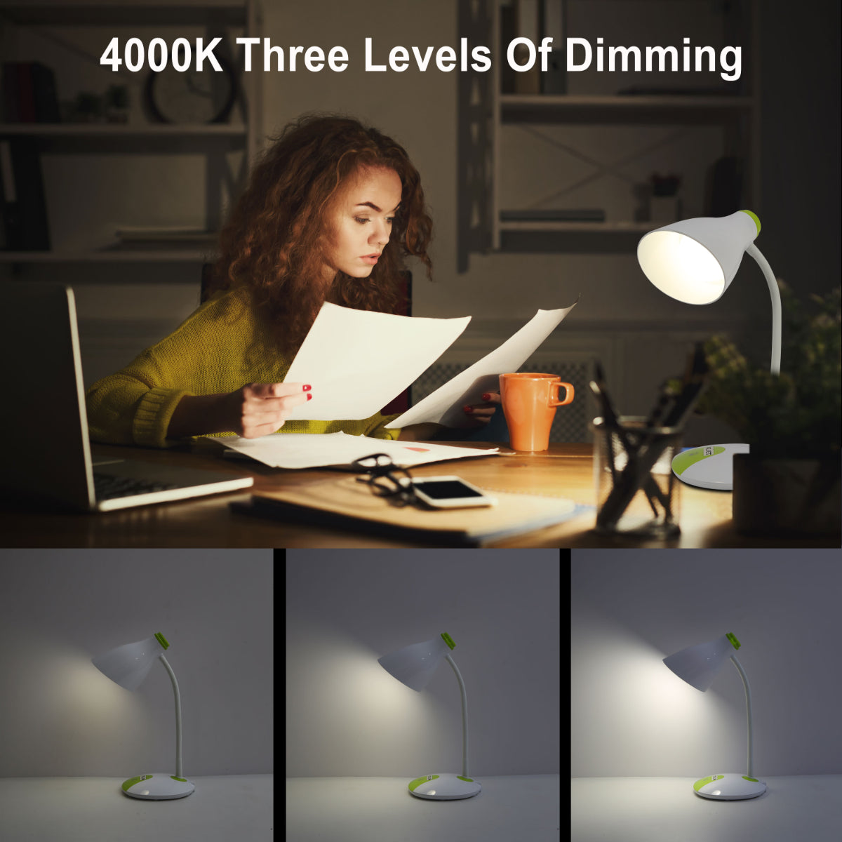 Lámpara de escritorio LED con cuello de ganso ajustable, ideal para oficinas con decoración moderna y funcional.