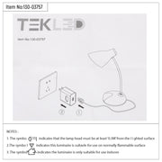 Dibujo técnico de lámpara de escritorio LED de cuello ajustable, ideal para oficinas modernas, mostrando dimensiones y detalles de instalación.