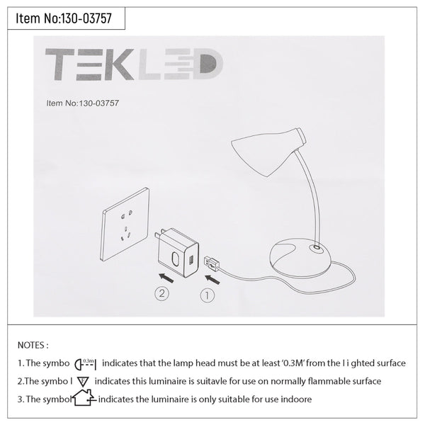 Dibujo técnico de lámpara de escritorio LED de cuello ajustable, ideal para oficinas modernas, mostrando dimensiones y detalles de instalación.
