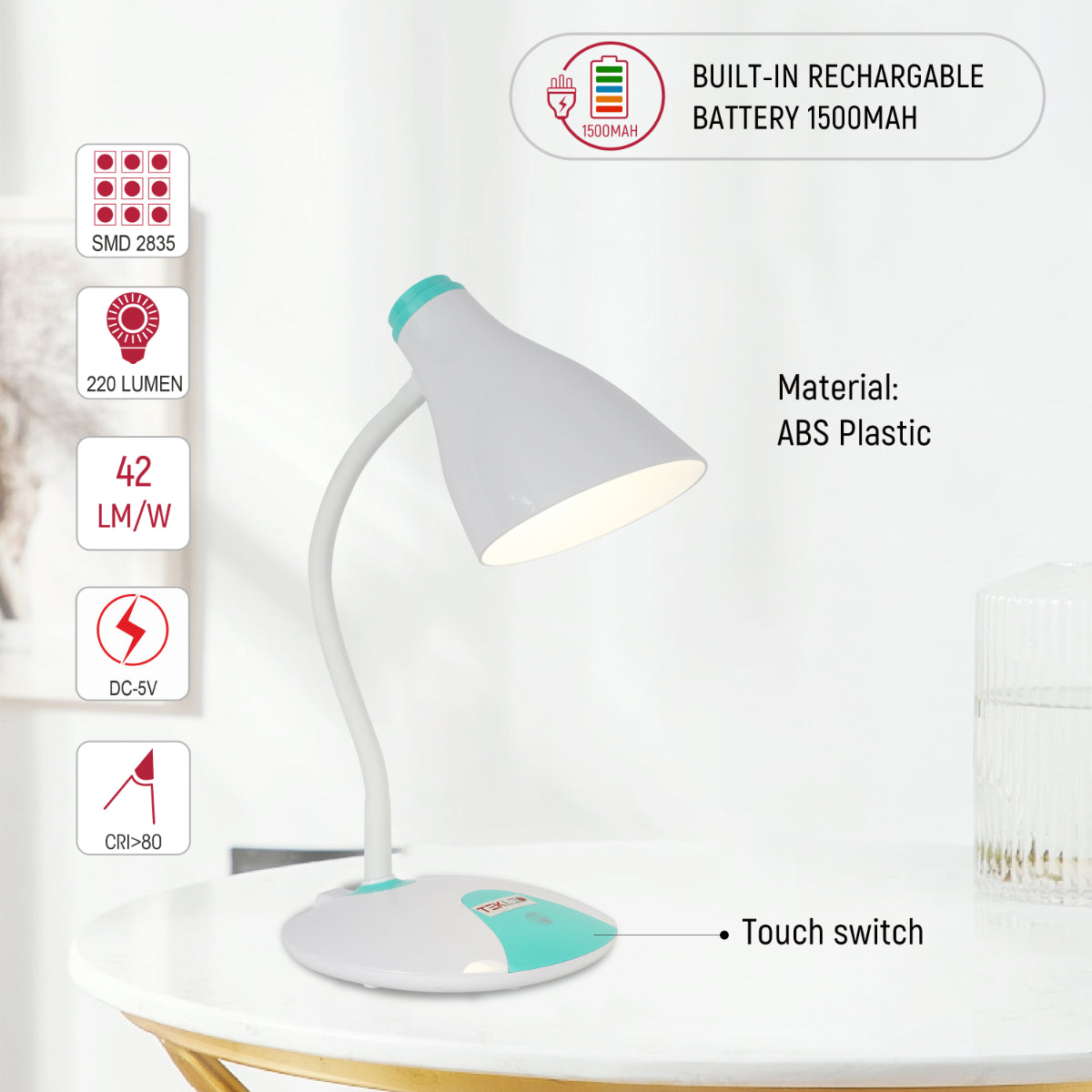 Lámpara de escritorio con diseño de doble color y cuello de cisne ajustable, ideal para oficinas modernas y espacios de trabajo.