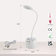 Lámpara de escritorio LED recargable con porta lápices, ideal para oficinas modernas y espacios de trabajo funcionales.