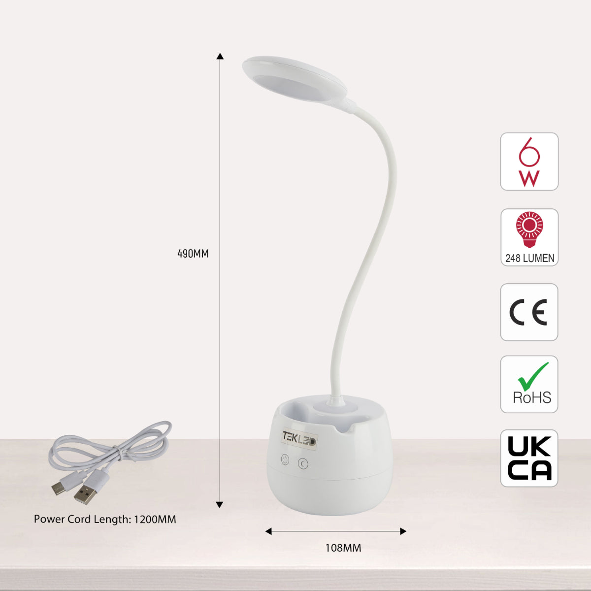 Lámpara de escritorio LED recargable con porta lápices, ideal para oficinas modernas y espacios de trabajo funcionales.