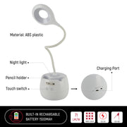 Dibujo técnico de lámpara de escritorio LED recargable con soporte para lápices, ideal para oficinas contemporáneas y espacios de trabajo funcionales.
