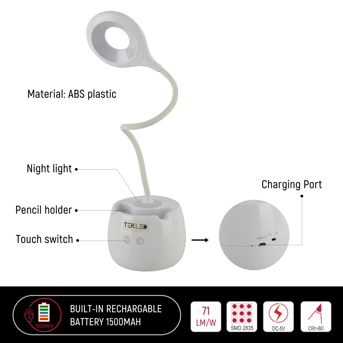 Dibujo técnico de lámpara de escritorio LED recargable con soporte para lápices, ideal para oficinas contemporáneas y espacios de trabajo funcionales.