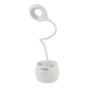 Lámpara de escritorio LED recargable multifuncional con soporte para lápices, perfecta para oficinas modernas y espacios de trabajo creativos.
