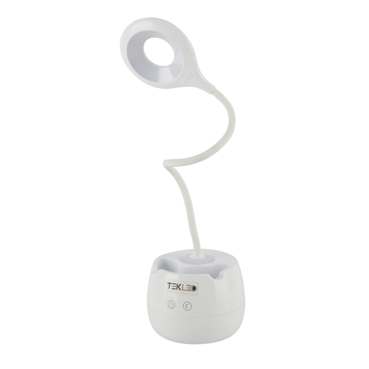 Lámpara de escritorio LED recargable multifuncional con soporte para lápices, perfecta para oficinas modernas y espacios de trabajo creativos.