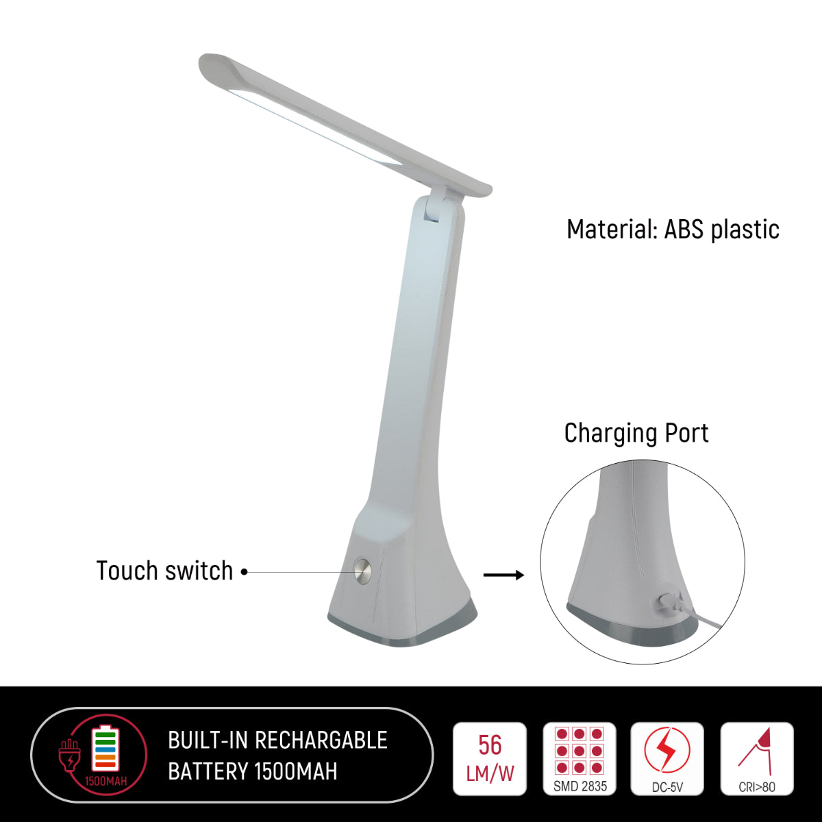 Primer plano de una lámpara de escritorio LED plegable, ideal para oficinas modernas con control táctil y diseño elegante.