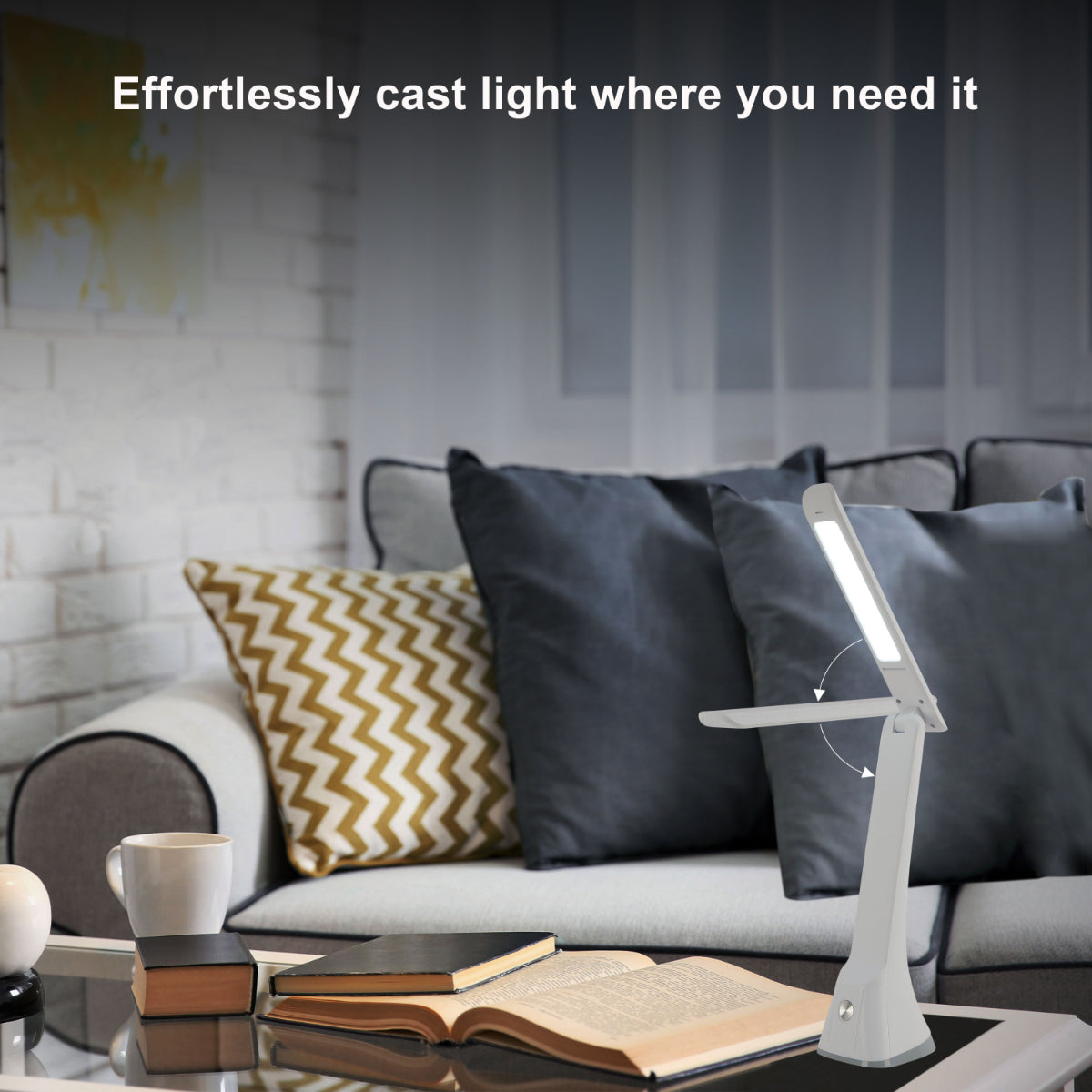 Lámpara de escritorio LED plegable y elegante, ideal para oficinas modernas, ofreciendo control táctil y un diseño minimalista.