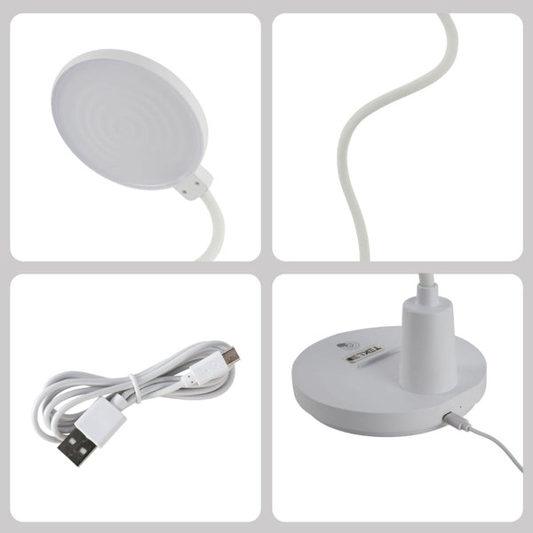 Lámpara de escritorio LED de cuello de ganso recargable, perfecta para oficinas modernas y espacios de estudio.