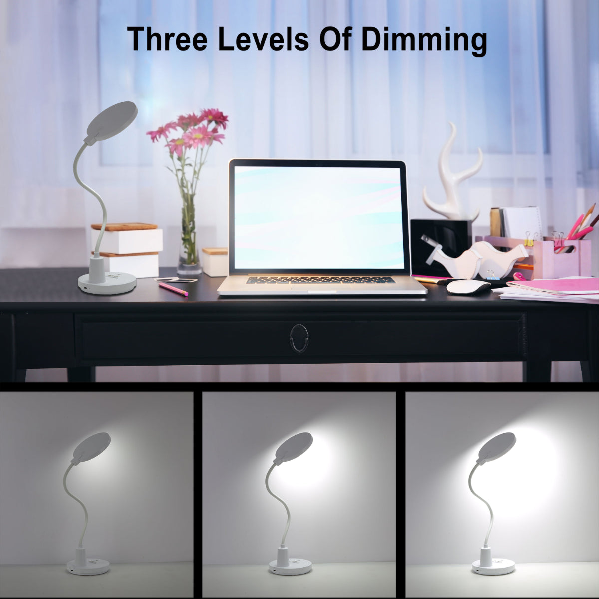Lámpara de escritorio LED de cuello de ganso recargable, perfecta para oficinas modernas y espacios de trabajo contemporáneos.