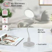 Lámpara de escritorio LED de cuello flexible, ideal para oficinas modernas, con diseño elegante y funcionalidad recargable.